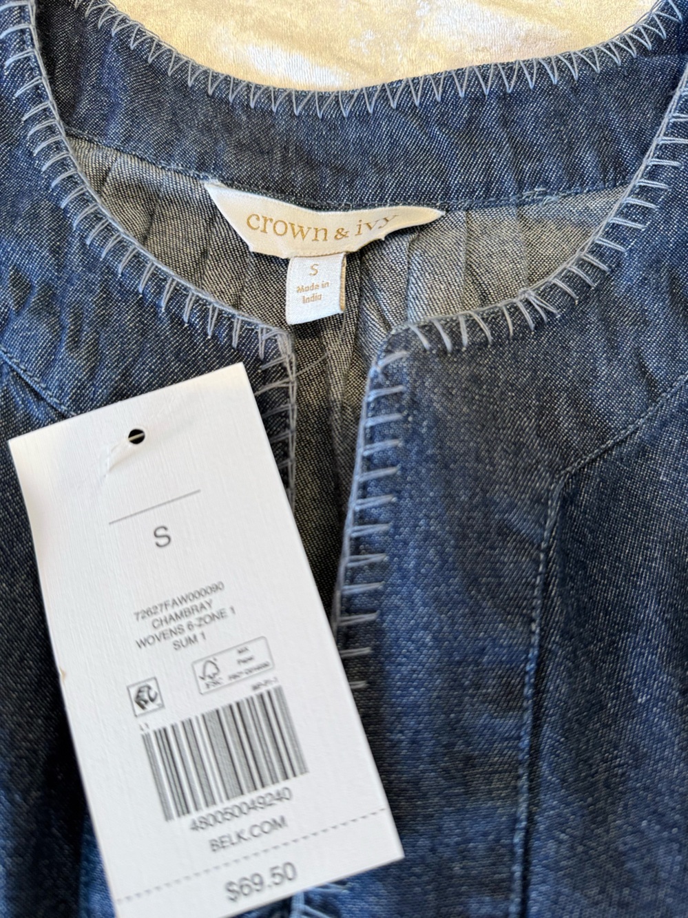 NWT Crown & Ivy Denim Tunic Top Indigo Blue Flowy Sleeve Boho Peasant Size S - Picture 4 of 8